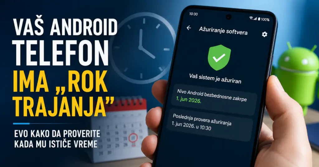 Android telefon sa prikazom bezbednosnih ažuriranja i porukom o roku trajanja softverske podrške.