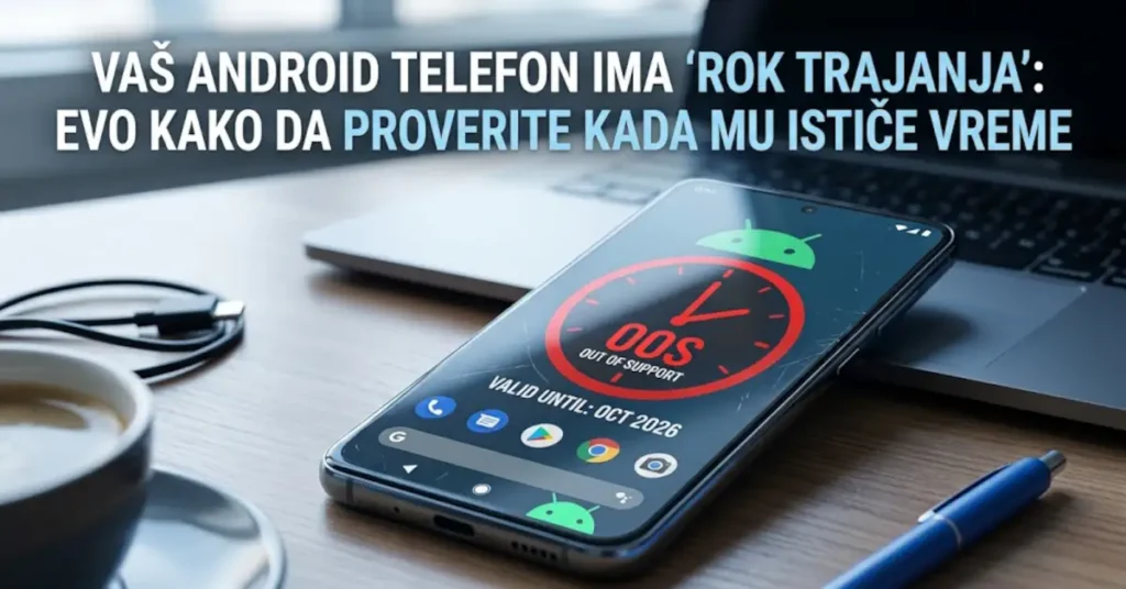 Vaš Android telefon ima rok trajanja: Kako proveriti? 1 Mobilni telefon na stolu sa ekranom koji prikazuje grafičko odbrojavanje sa crvenim 'OOS' natpisom i tekstom na srpskom jeziku: 'VAŠ ANDROID TELEFON IMA 'ROK TRAJANJA': EVO KAKO DA PROVERITE KADA MU ISTIČE VREME'.