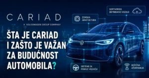 Ilustracija modernog Volkswagen automobila sa digitalnim softverskim interfejsom, zonskom arhitekturom i bežičnim ažuriranjima kao prikaz CARIAD tehnologije.