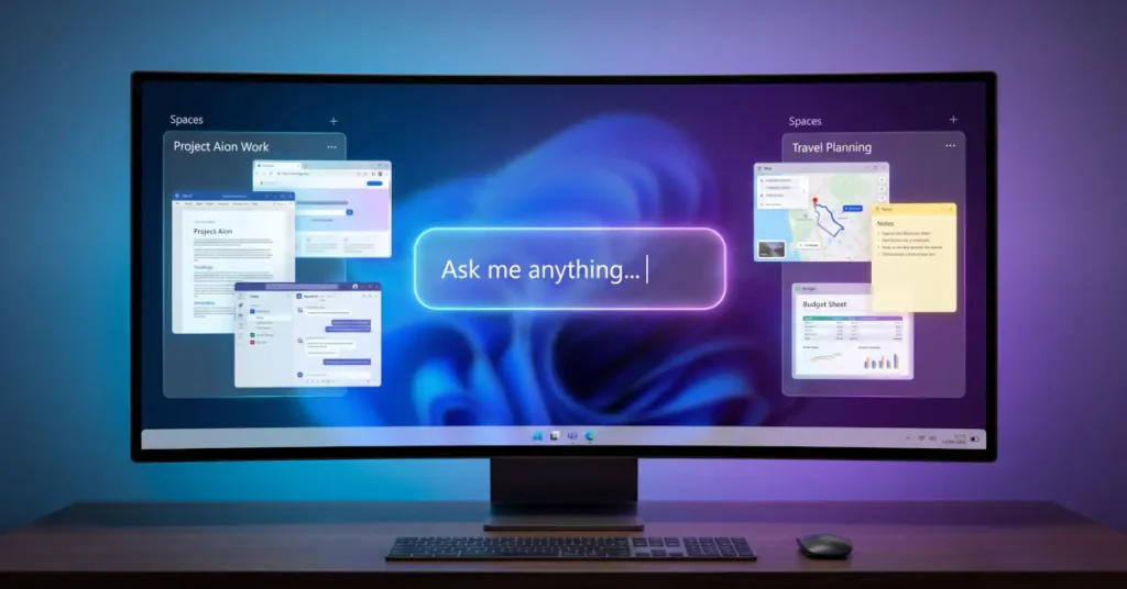 Copilot OS: Microsoftov AI sistem Project Aion 1 Konceptualni izgled Copilot OS operativnog sistema na monitoru sa centralnim AI poljem za unos i povezanim radnim prostorima Spaces.