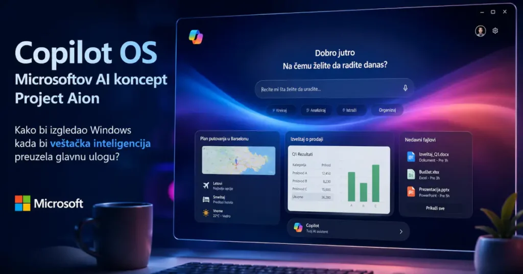 Ilustracija Microsoft Copilot OS koncepta sa AI interfejsom i radnim prostorima zasnovanim na Project Aion ideji.