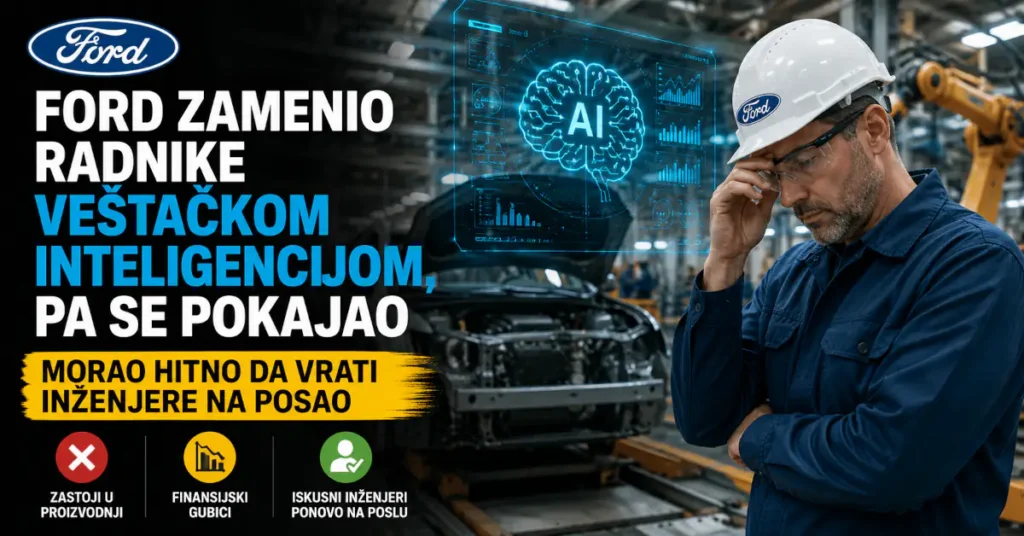 Inženjer u fabrici automobila pored prikaza veštačke inteligencije i proizvodne linije