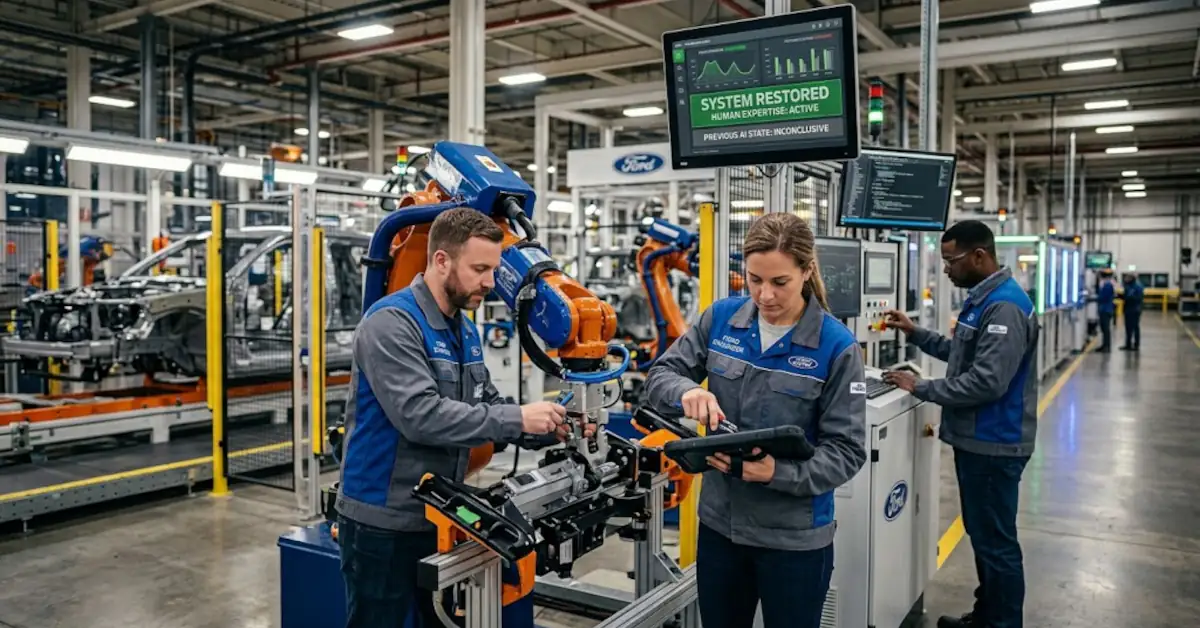 Ford i AI lekcija: zašto veštačka inteligencija ne može bez stručnjaka 1 Inženjeri u Fordovoj fabrici popravljaju robotsku ruku na proizvodnoj traci nakon neuspeha sa veštačkom inteligencijom