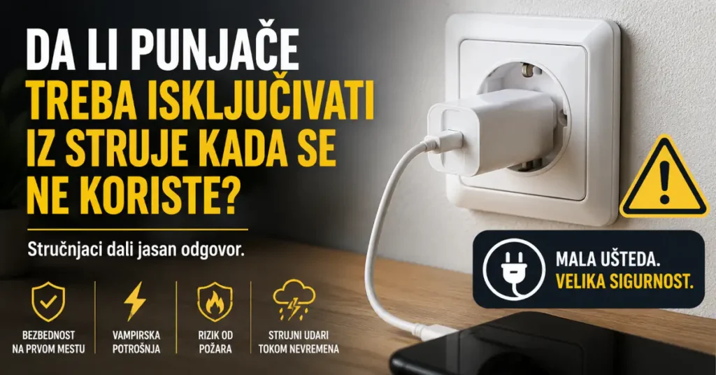 Istaknuta slika za TechFokus.rs prikazuje beli USB punjač uključen u zidnu utičnicu, uz naslov „Da li punjače treba isključivati iz struje kada se ne koriste?” i vizuelne oznake za bezbednost, vampirsku potrošnju, rizik od požara i strujne udare tokom nevremena.