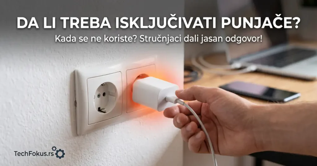 Da li punjače treba isključivati iz struje? 1 Detaljna, visoko-rezoluciona istaknuta slika za TechFokus.rs sa modernom tehnološkom estetikom. Gornji deo sadrži ime brenda i naslov: "DA LI TREBA ISKLJUČIVATI PUNJAČE?". Ispod toga, manji podnaslov na srpskom jeziku glasi: "Kada se ne koriste? Stručnjaci dali jasan odgovor!". Centralni vizuelni element prikazuje modernu belu Schuko utičnicu u zidu. Muška ruka aktivno isključuje beli USB-C zidni punjač sa unutrašnjim užarenim narandžasto-crvenim sjajem iz desne utičnice. Leva utičnica je prazna i vidljiva. Punjač koji se isključuje ima prikačen kabl. U zamućenoj pozadini, vidljiv je radni sto sa laptopom i telefonom. Scena je fotografska i čista.