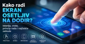 Prst dodiruje ekran pametnog telefona koji ilustruje princip rada kapacitivnog ekrana osetljivog na dodir.