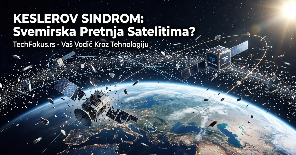 Keslerov sindrom: može li svemirski otpad da ugrozi internet? 1 Sateliti u Zemljinoj orbiti okruženi oblakom svemirskog otpada i krhotina, sa natpisom Keslerov sindrom i logotipom sajta TechFokus.rs.