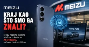 Meizu telefon, AI simbol i ekran automobila sa Flyme Auto interfejsom kao prikaz prelaska brenda sa klasičnih telefona na AI uređaje.