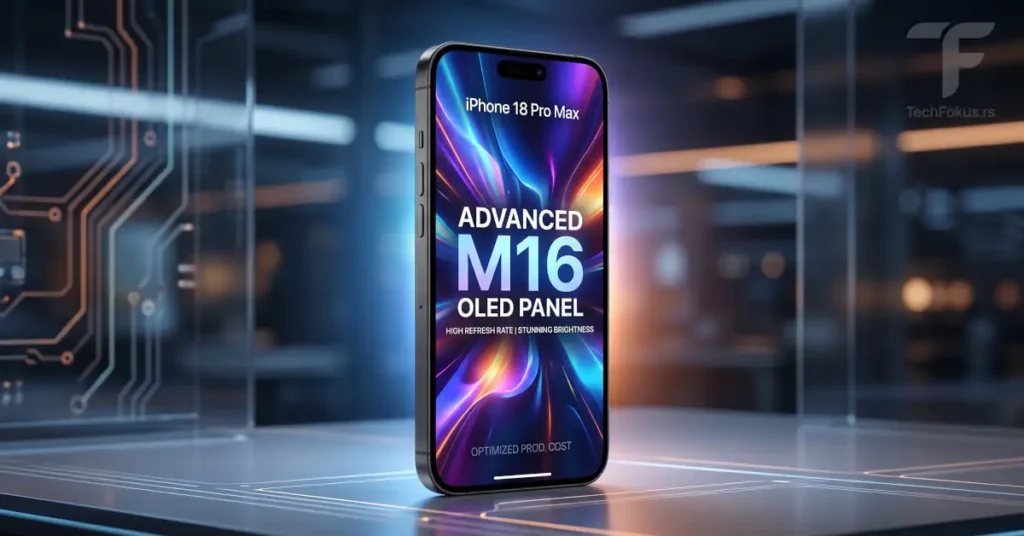 iPhone 18 Pro Max dobija jeftiniji OLED ekran 2 Futuristički prikaz iPhone 18 Pro Max telefona sa svetlim M16 OLED ekranom i tehničkim vizuelnim efektima u pozadini.
