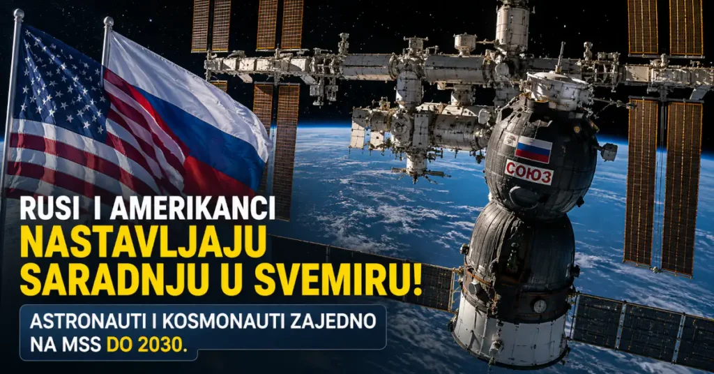 Rusi i Amerikanci nastavljaju saradnju na MSS do 2030. godine 5 Međunarodna svemirska stanica iznad Zemlje sa zastavama SAD i Rusije i brodom Sojuz