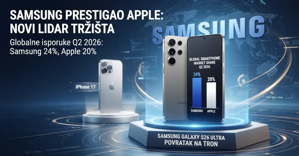 Samsung prestigao Apple: Novi lider tržišta telefona 2 Samsung ponovo lider na globalnom tržištu pametnih telefona u drugom kvartalu 2026. godine sa 24% tržišnog udela ispred Apple-a sa 20%.