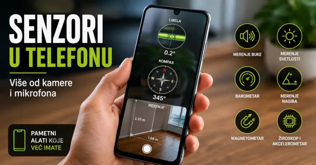 Senzori u telefonu: libela, kompas i merenje prostora 6 Mobilni telefon prikazuje funkcije senzora poput digitalne libele, kompasa i merenja prostora pomoću kamere, uz ilustracije barometra, magnetometra, žiroskopa i senzora svetlosti.