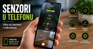 Mobilni telefon prikazuje funkcije senzora poput digitalne libele, kompasa i merenja prostora pomoću kamere, uz ilustracije barometra, magnetometra, žiroskopa i senzora svetlosti.