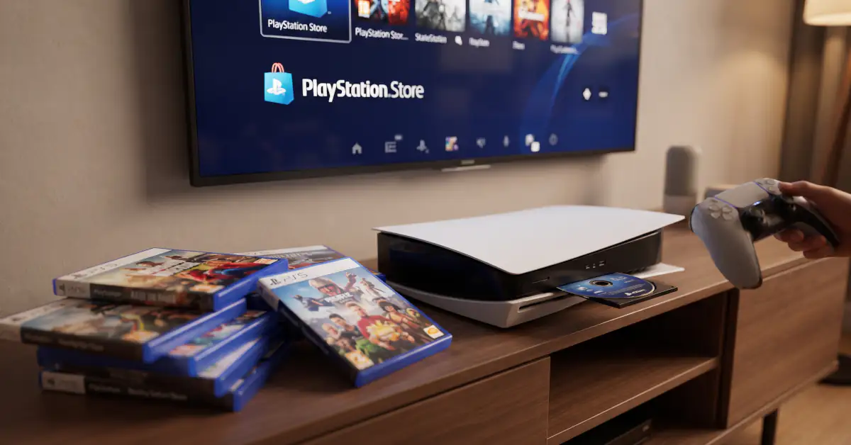 Sony ukida PlayStation diskove od 2028: Šta to znači za igrače 1 PlayStation 5 konzola sa diskom pored kolekcije igara i prikazom PlayStation Store prodavnice na TV ekranu