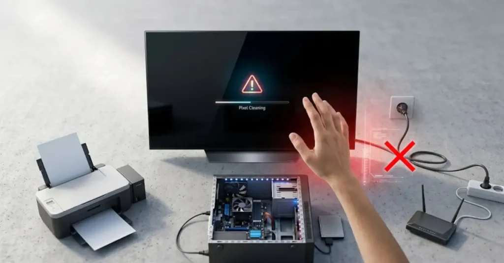 Koje uređaje ne treba gasiti izvlačenjem kabla iz zida 1 Prikaz osetljivih elektronskih uređaja poput televizora, štampača i rutera sa upozorenjem da se ne isključuju nasilno iz struje.