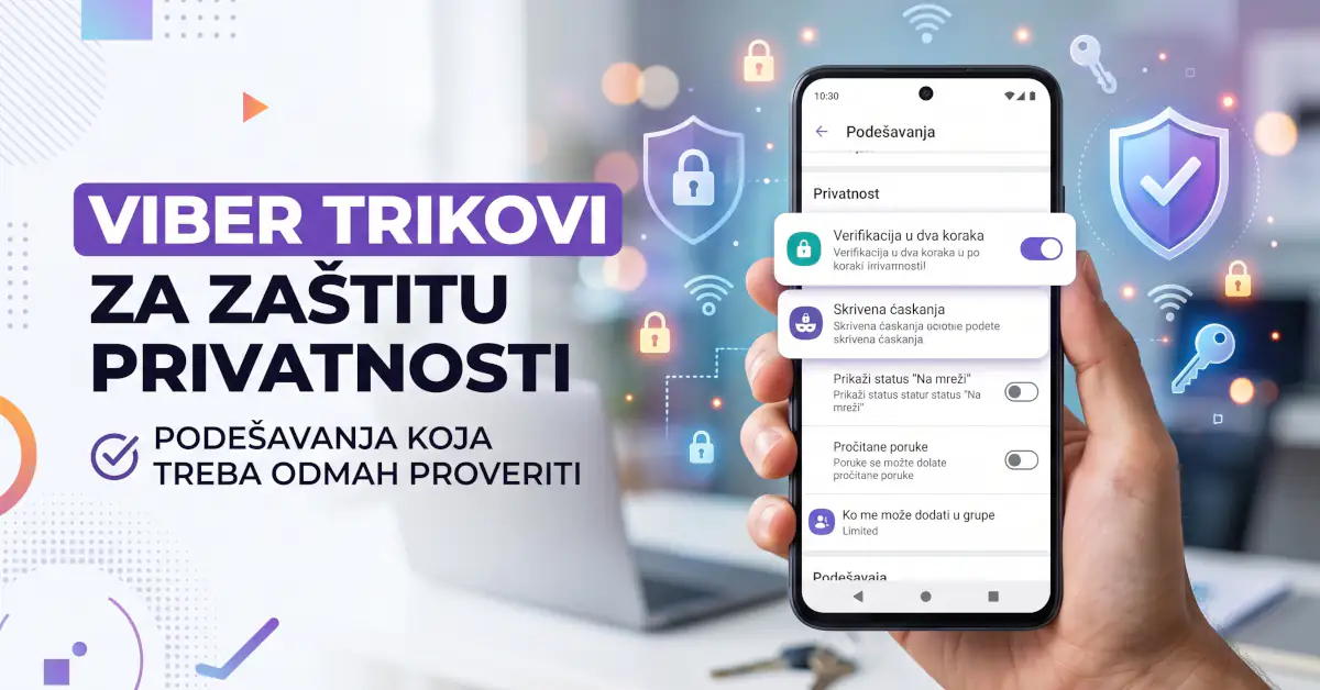 Ruka drži pametni telefon koji prikazuje Viberov meni podešavanja privatnosti na srpskom jeziku, pored velikog naslova "VIBER TRIKOVI ZA ZAŠTITU PRIVATNOSTI".