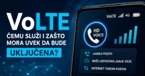 Ilustracija VoLTE oznake na pametnom telefonu sa prikazom 4G signala, HD Voice poziva i prednosti jasnijeg razgovora.