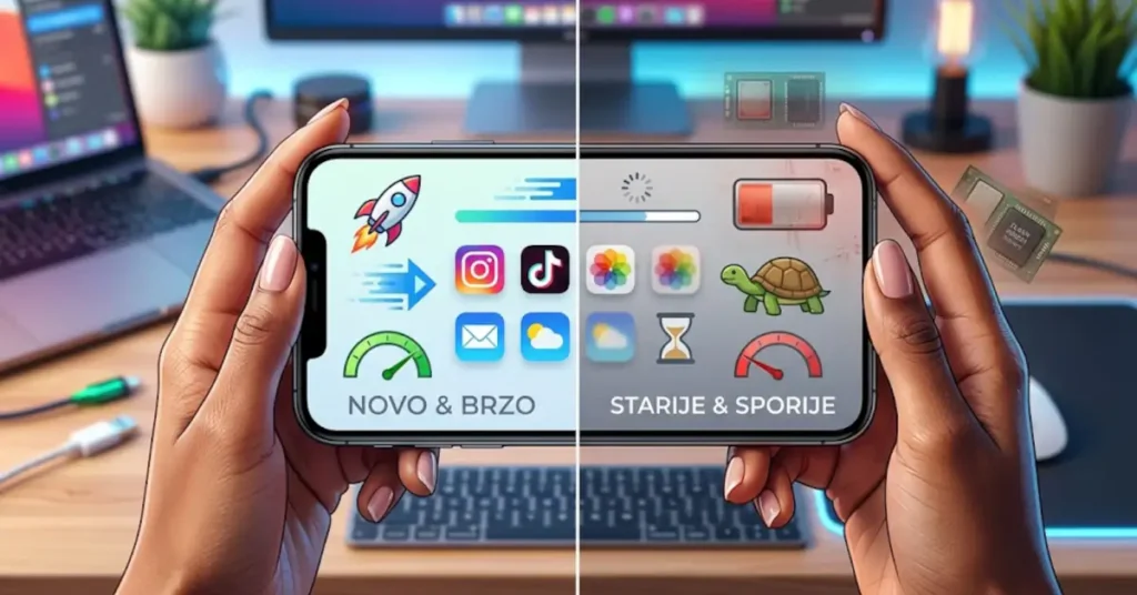 Zašto vam je telefon sve sporiji, čak i posle fabričkog resetovanja i flešovanja 1 Pametni telefon podeljen na dva dela koji prikazuje vizuelnu razliku između brzog, novog sistema sa leve strane i starog, usporenog uređaja sa slabom baterijom sa desne strane.