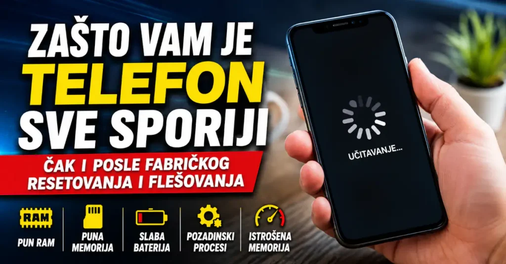 Ilustracija sporog pametnog telefona sa ekranom za učitavanje i ikonama za pun RAM, punu memoriju, slabu bateriju i pozadinske procese.