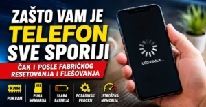 Ilustracija sporog pametnog telefona sa ekranom za učitavanje i ikonama za pun RAM, punu memoriju, slabu bateriju i pozadinske procese.