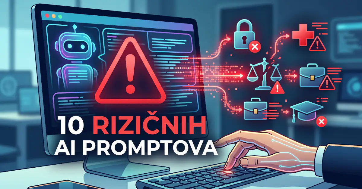 10 AI upita koje možda ne bi trebalo da koristite: rizici za posao, privatnost, novac i reputaciju 1 Ilustracija računarskog monitora sa AI četbotom, crvenim znakom upozorenja i tekstom 10 rizičnih AI promptova