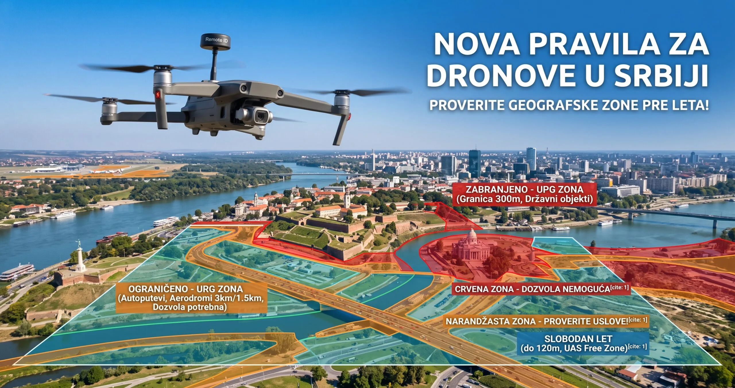 Nova pravila za dronove u Srbiji: Gde je letenje zabranjeno od oktobra 2026. 1 Dron u letu iznad grada sa grafičkim prikazom crvenih i narandžastih zabranjenih zona prema novim pravilima u Srbiji.