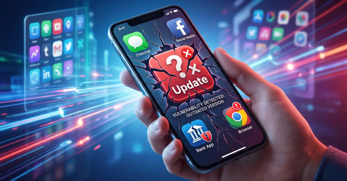 Šta će se desiti ako ne ažurirate aplikacije na mobilnom telefonu? 1 Ruka koja drži pametni telefon sa napuklim ekranom na kojem je prikazano upozorenje o bezbednosnoj ranjivosti zbog neažuriranih aplikacija.