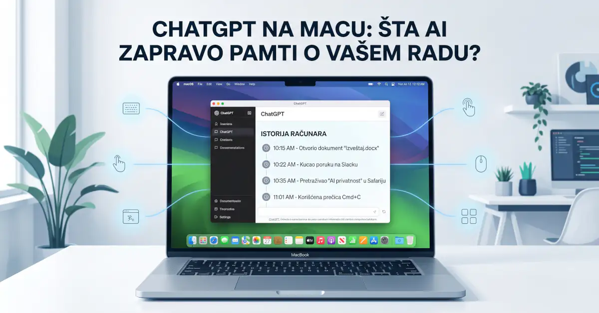 Prikaz ChatGPT Computer History funkcije na MacBook ekranu sa vizuelnim ikonama praćenja tastature, miša i aplikacija.