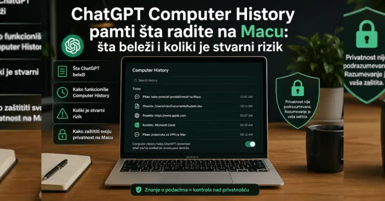 ChatGPT Computer History na Mac računaru sa prikazom istorije aktivnosti i upozorenjem o privatnosti i bezbednosnim rizicima.