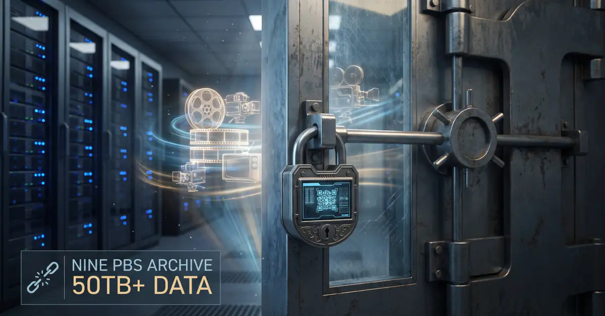 70 godina TV istorije zarobljeno u cloudu: Zašto cloud nije zamena za backup 1 Ilustracija zaključanih metalnih vrata u data centru sa hologramima filmskih traka i kamera koji simbolizuju zarobljenu televizijsku arhivu od 50 terabajta u cloudu.