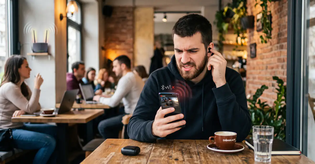 Mane Bluetooth konekcije: zašto bežično nije uvek bolje od kabla 1 Mladi muškarac u kafiću frustrirano gleda u pametni telefon sa prekinutom Bluetooth konekcijom, nosi slušalice.