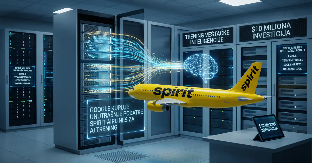 Fotorealistični prikaz serverske sobe sa žutim avionom Spirit Airlines-a u sredini. Digitalni tokovi podataka se prelivaju iz serverskih ormara ka AI neuralnom mozgu. Slika sadrži integrisani tekst na srpskom jeziku koji objašnjava Google-ovu kupovinu korporativnih podataka Spirit-a za 10 miliona dolara radi treniranja veštačke inteligencije, uz napomenu o deidentifikaciji putnika.