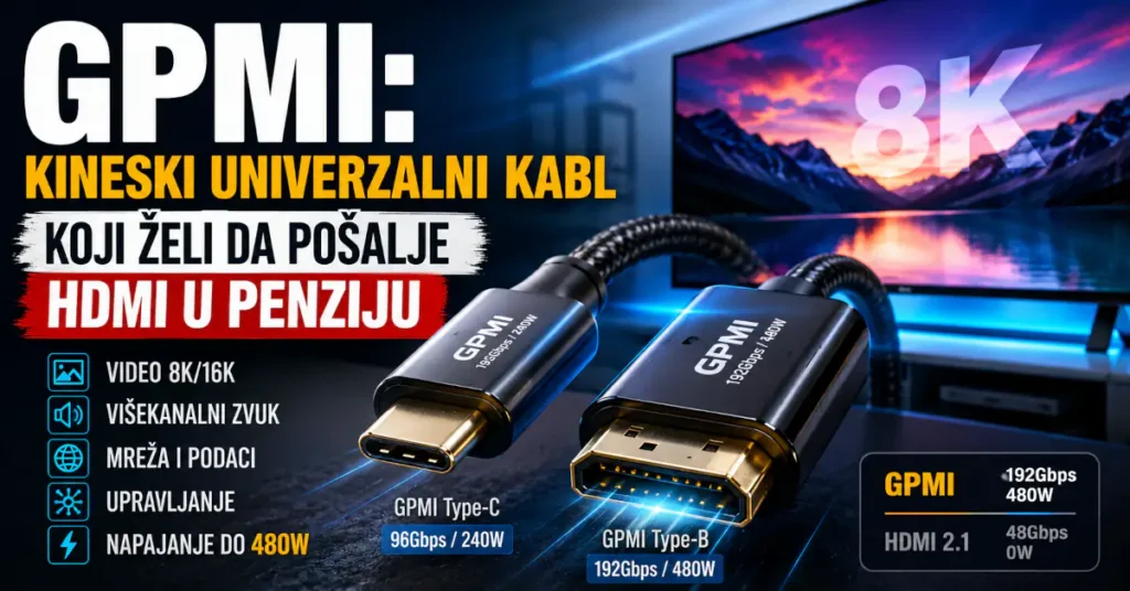 GPMI: kineski univerzalni kabl koji želi da pošalje HDMI u penziju 6 GPMI Type-C i Type-B kablovi sa prikazom brzine do 192 Gb/s i napajanja do 480 W kao alternativa HDMI standardu