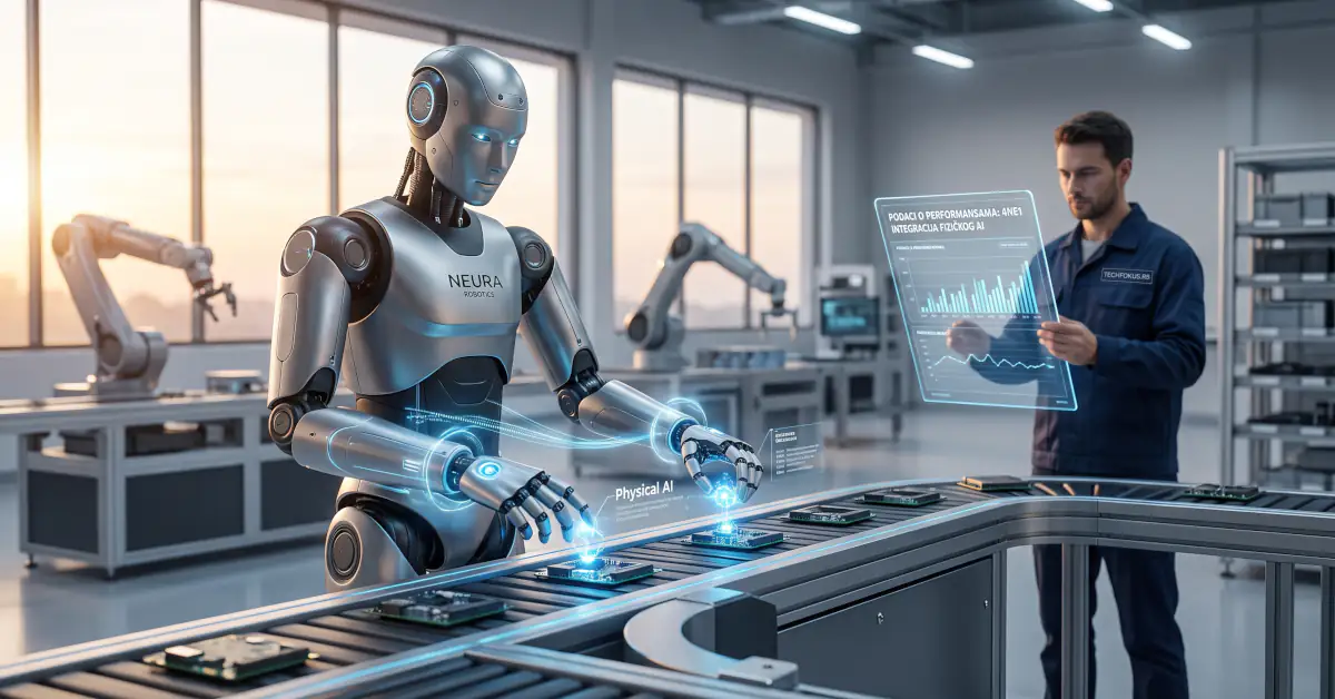 Da li će roboti i AI preuzeti sav fizički rad za 2 do 5 godina? 1 Featured slika koja prikazuje naprednog humanoidnog robota kompanije Neura Robotics kako radi na pokretnoj traci u modernoj fabrici u zoru. Ljudski tehničar sa TechFokus.rs logoom drži transparentni ekran sa podacima, dok robot manipulativno deluje na plave AI data čvorove.