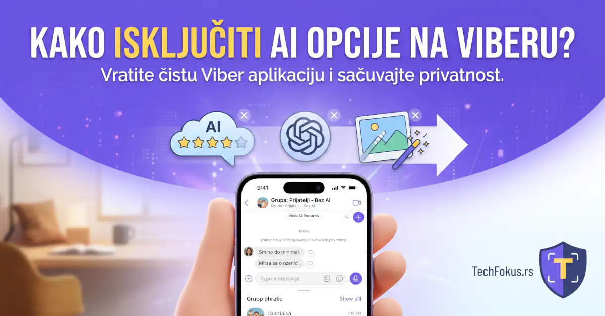 Pametni telefon koji prikazuje proces isključivanja AI funkcija, sažetaka i ChatGPT alata u Viber aplikaciji.