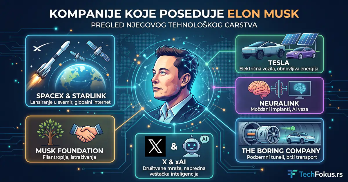 Kompanije koje poseduje Elon Musk 2026: Tesla, SpaceX, X, xAI, Neuralink i ostali projekti 1 Infografik sa pregledom kompanija koje poseduje Elon Musk: Tesla, SpaceX, Starlink, Neuralink, The Boring Company, X, xAI i Musk Foundation.