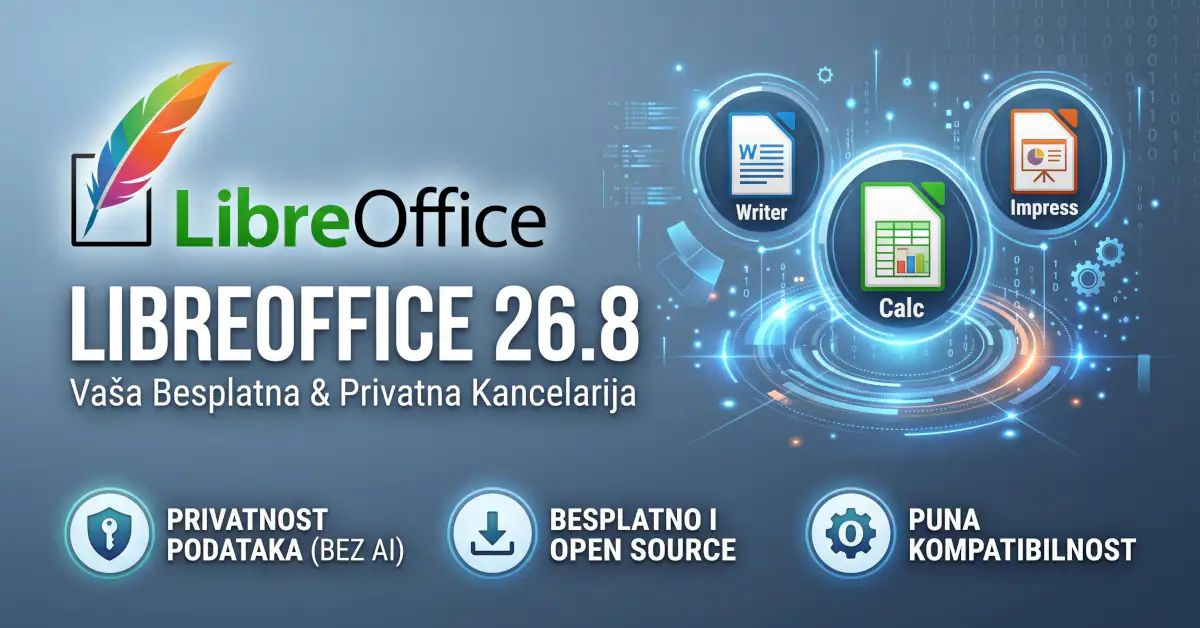 LibreOffice 26.8 odbija AI: besplatna alternativa Microsoft Officeu bira privatnost i rad bez clouda 1 LibreOffice 26.8 kancelarijski paket sa ikonama za Writer, Calc i Impress i oznakama za privatnost podataka bez AI funkcija