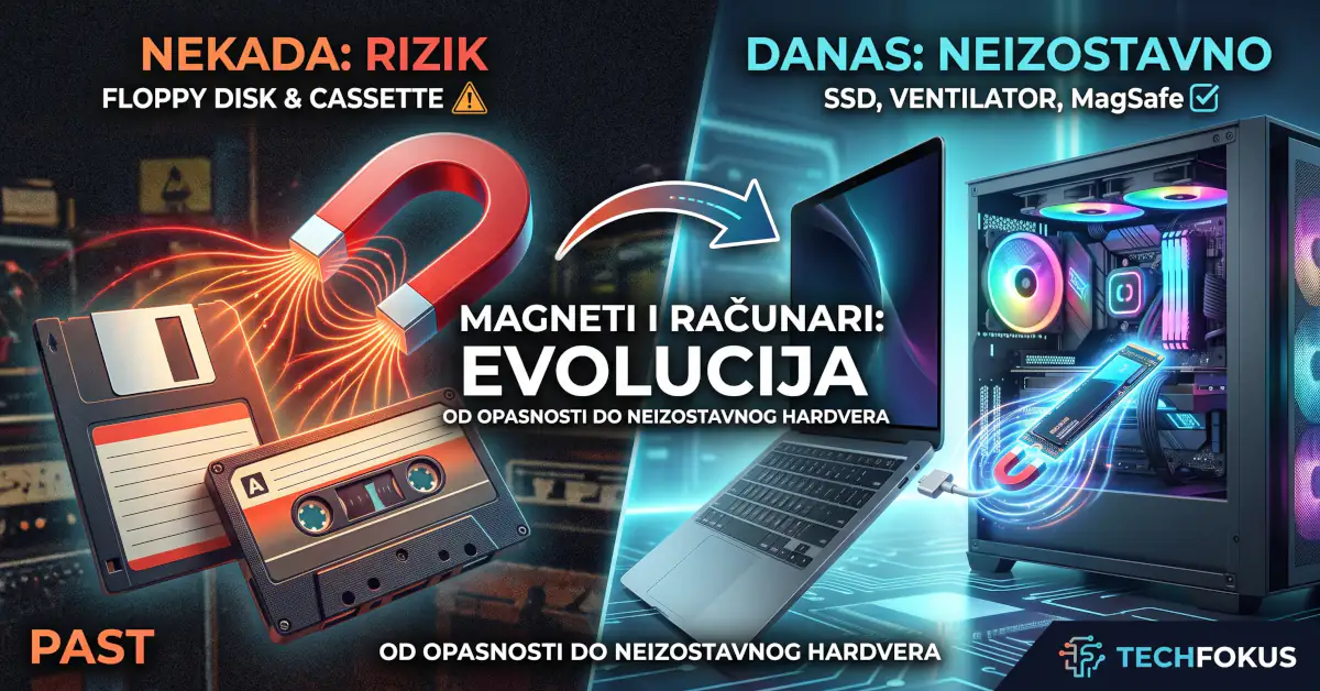 Kako su magneti od najvećeg straha postali neizostavan deo modernih računara 1 Ilustracija evolucije uticaja magneta na računare: od osetljivih flopi disketa i kaseta iz prošlosti do modernog PC kućišta, laptopa i SSD diska.