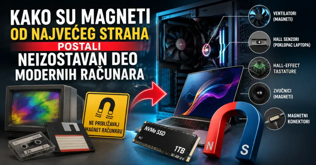 Kako su magneti od najvećeg straha postali neizostavan deo modernih računara 4 Magneti nekada i danas u računarima – CRT monitor i disketa naspram modernog računara, SSD-a, ventilatora i magnetnih senzora