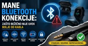 Mane Bluetooth konekcije prikazane kroz bežične slušalice, miš i pametni sat u poređenju sa kablovskom vezom