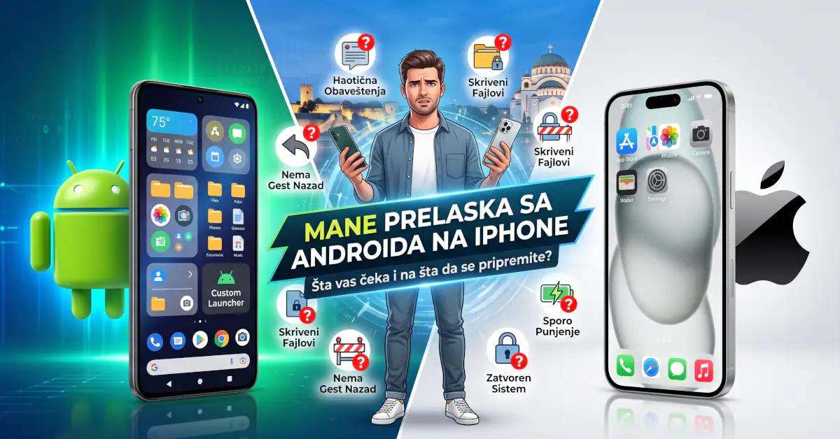 Ilustracija koja prikazuje izazove i mane prelaska sa Android telefona na iPhone uređaj.