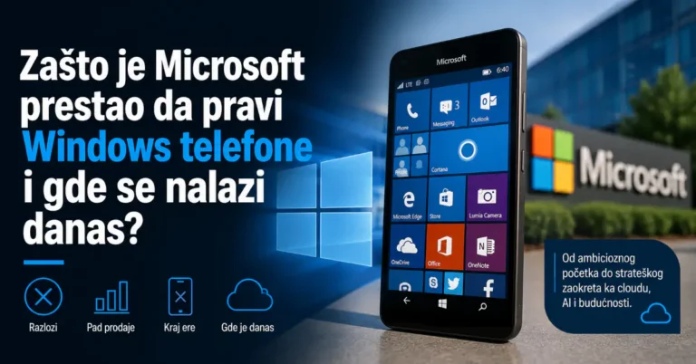 Microsoft Windows Phone sa Live Tiles interfejsom i Microsoft zgradom u pozadini, uz naslov o razlozima gašenja Windows telefona.