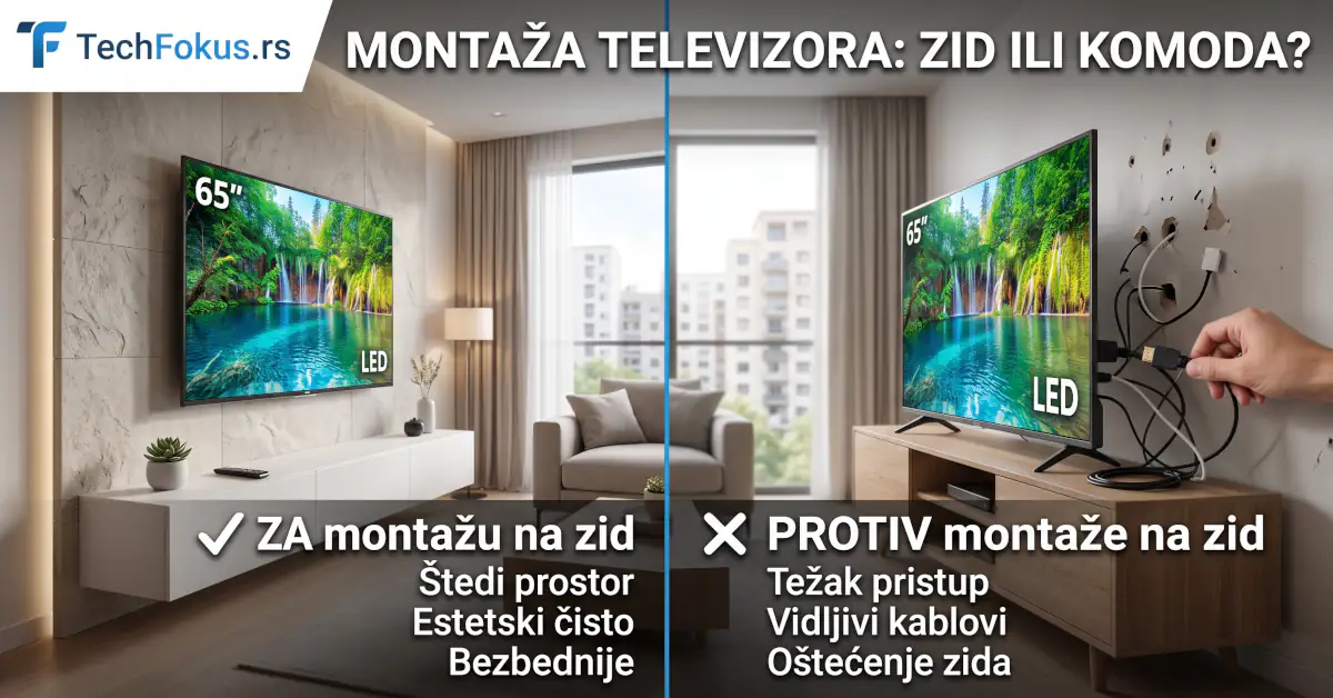 Poređenje montaže televizora na zid i postavljanja na komodu sa istaknutim prednostima i manama.