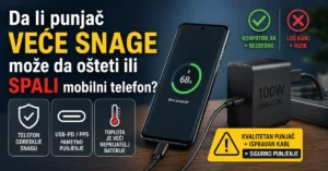 Mobilni telefon priključen na USB-C punjač od 100 W uz objašnjenje da kompatibilan punjač veće snage ne oštećuje telefon.