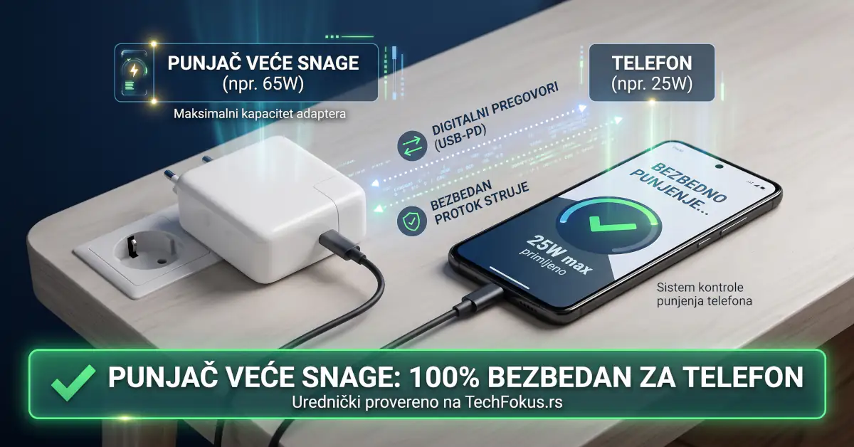 Da li punjač veće snage može da ošteti ili spali mobilni telefon? 1 Ilustracija bezbednog punjenja pametnog telefona jačim USB-C punjačem uz USB Power Delivery protokol