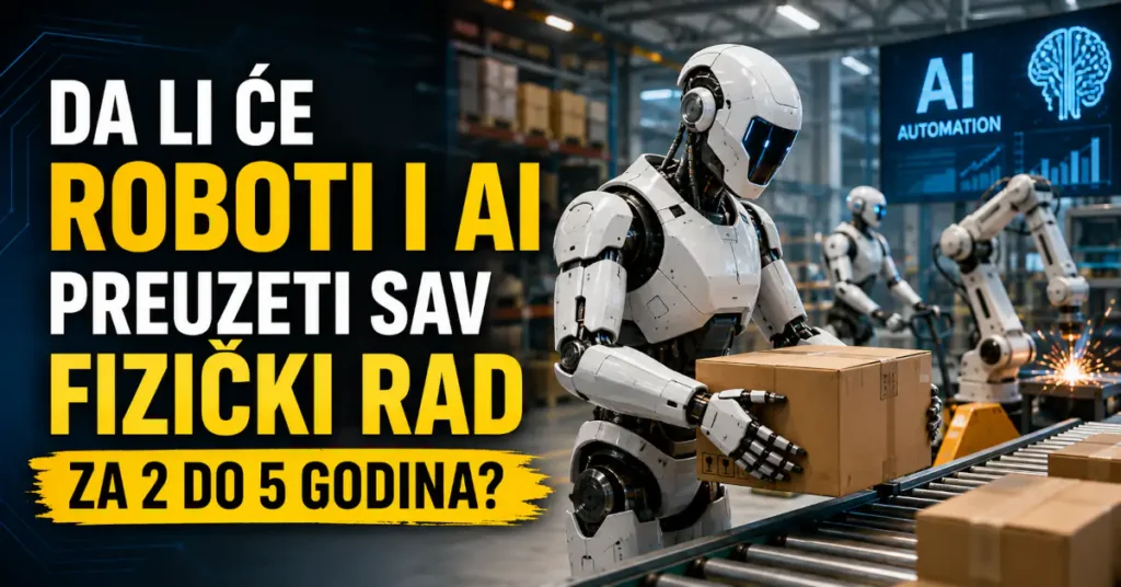 Humanoidni roboti rade u automatizovanoj fabrici uz pitanje da li će roboti i AI preuzeti sav fizički rad za 2 do 5 godina.