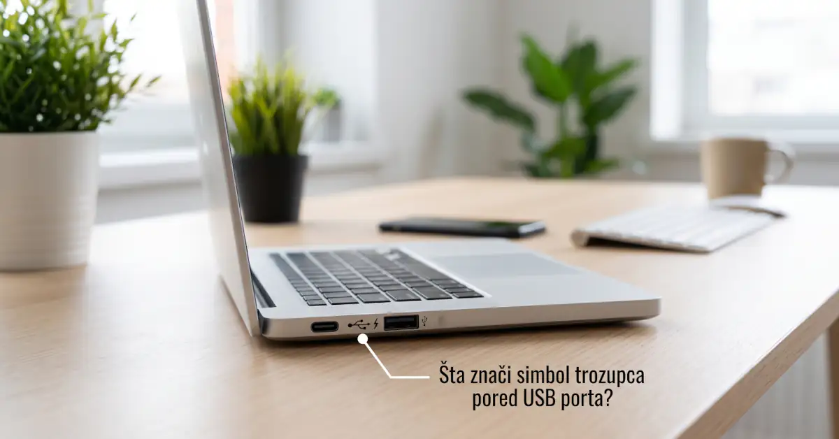 Bliži prikaz bočne strane laptopa sa vidljivim USB portovima i utisnutim simbolom trozupca i oznakom munje.