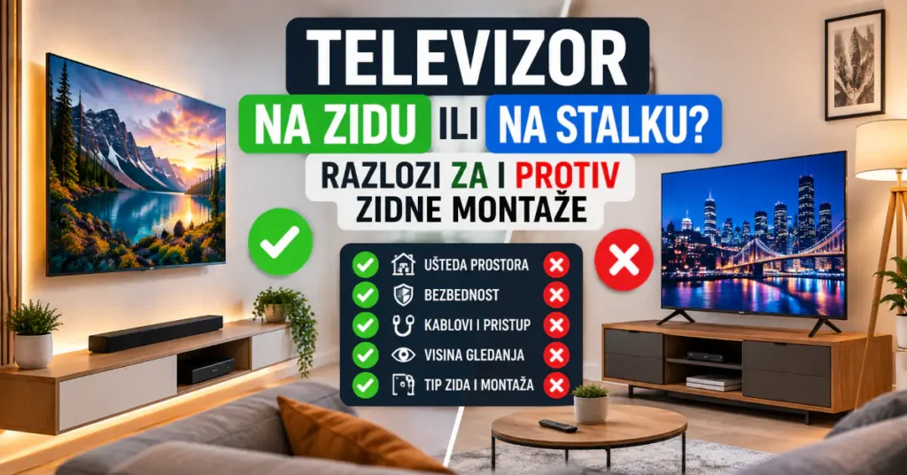 Televizor na zidu ili na stalku – poređenje prednosti i mana zidne montaže televizora.
