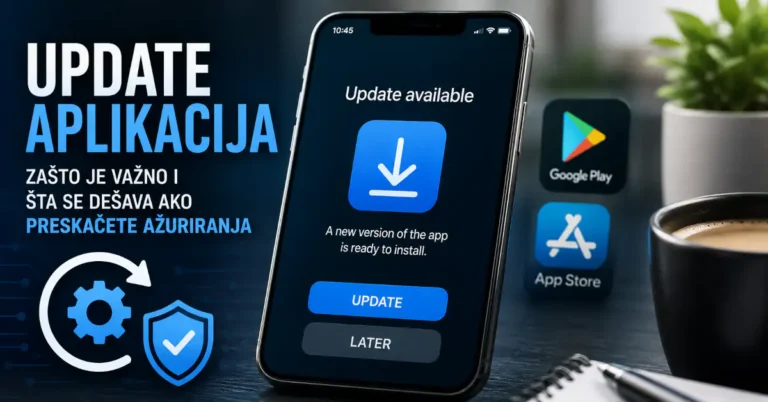 Ažuriranje aplikacija na mobilnom telefonu sa prikazom update obaveštenja, Google Play i App Store ikona