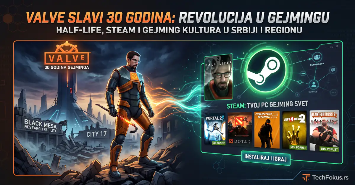 Valve slavi 30 godina: Half-Life je promenio FPS igre, a Steam zauvek preoblikovao PC gaming 1 Gordon Frimen sa pajserom ispred Black Mese i City 17 uz Steam interfejs povodom 30 godina kompanije Valve